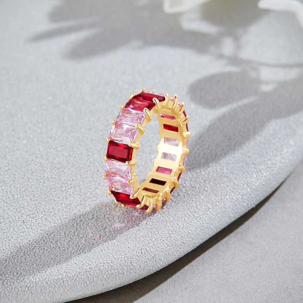 Eternity Rainbow Ring 18K Gold Plated Emerald-Cut Multi Color AAA Created-Gemsto - Picture 3 of 6